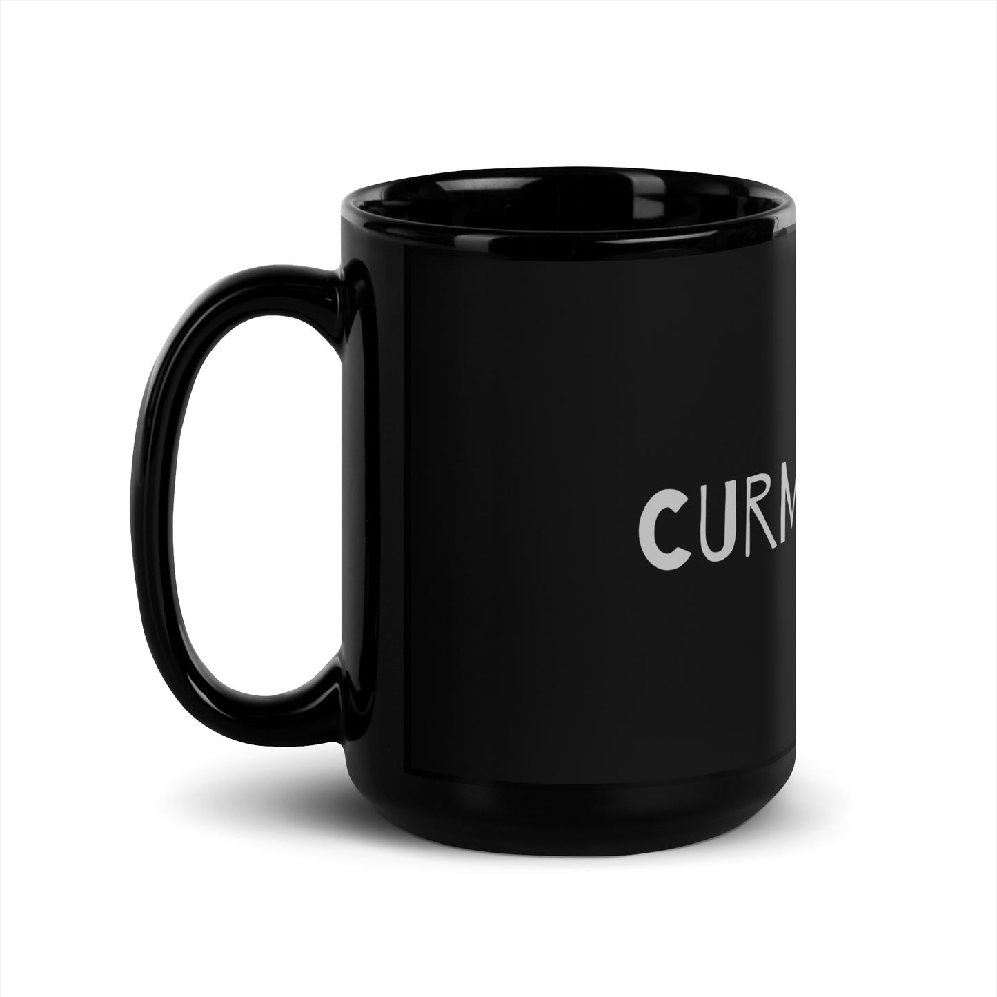 Black glossy 15 oz Curmudgeon mug with handle on the left, featuring a smooth finish and sturdy ceramic build.