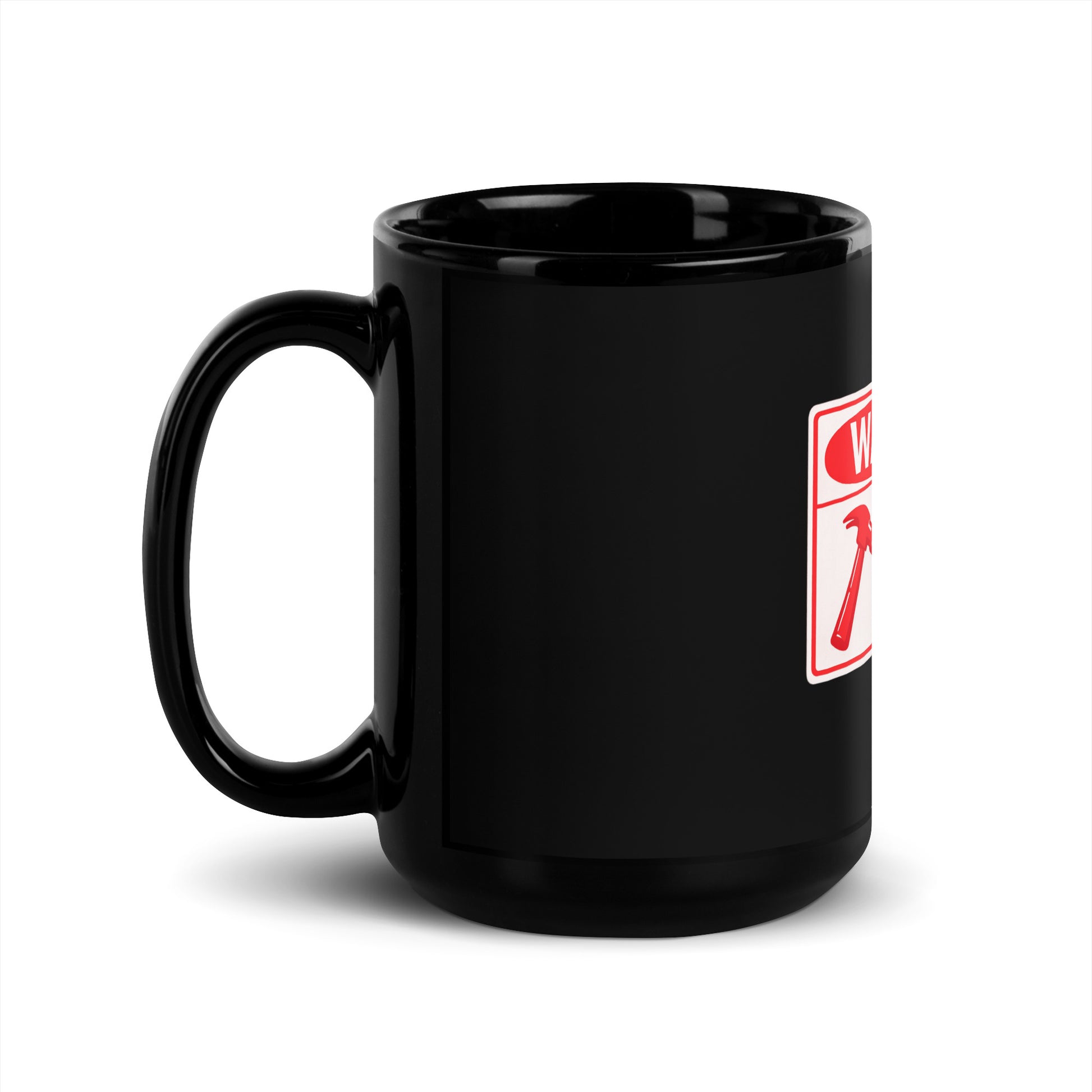 Black glossy 15 oz mug with handle on the left, featuring a warning may be blunt design, perfect for coffee or tea.