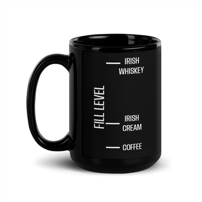 Black glossy 15 oz Irish coffee mug with a handle on the left, perfect for hot beverages.