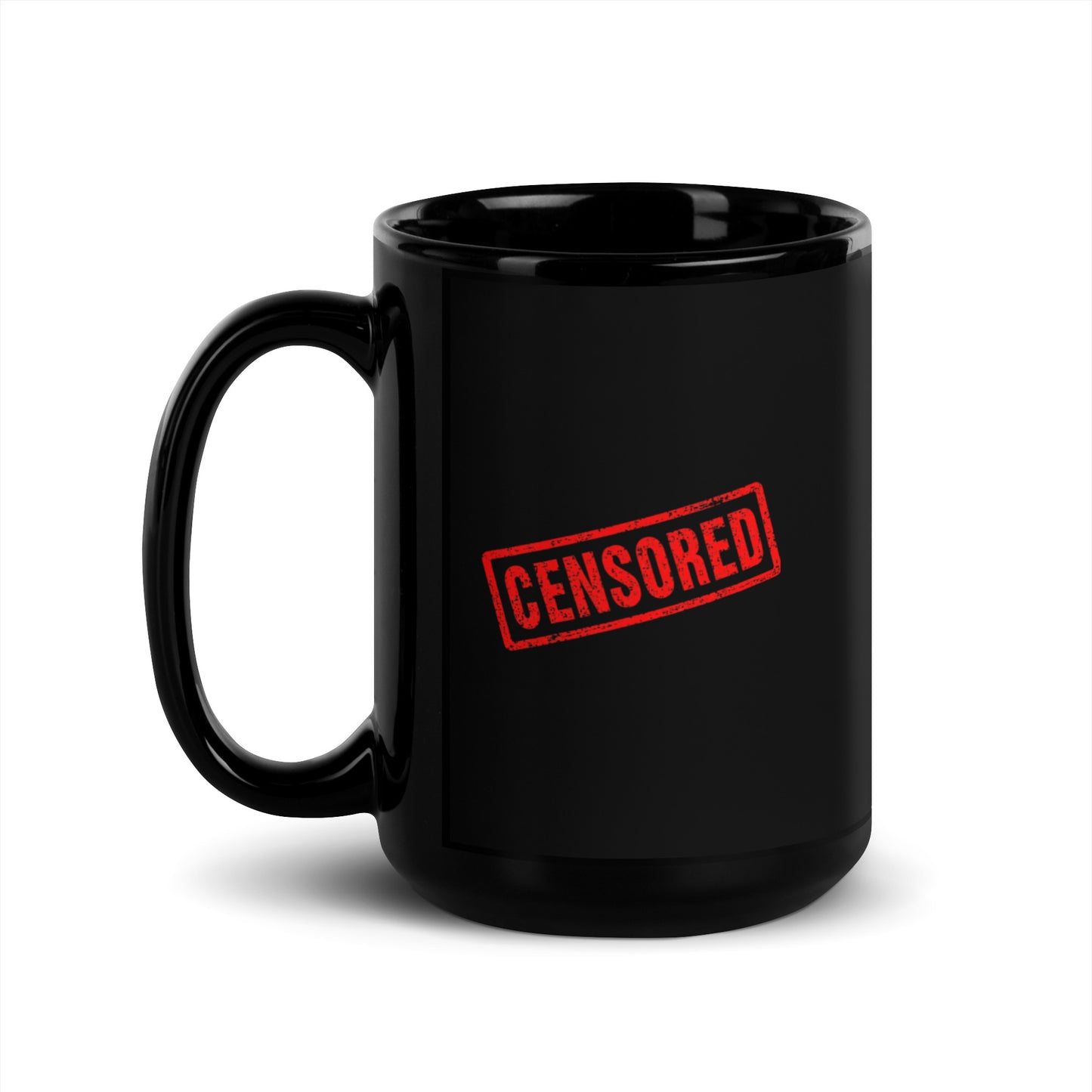 Black glossy 15 oz mug with handle on the left, featuring a censored design, from wayward.biz.