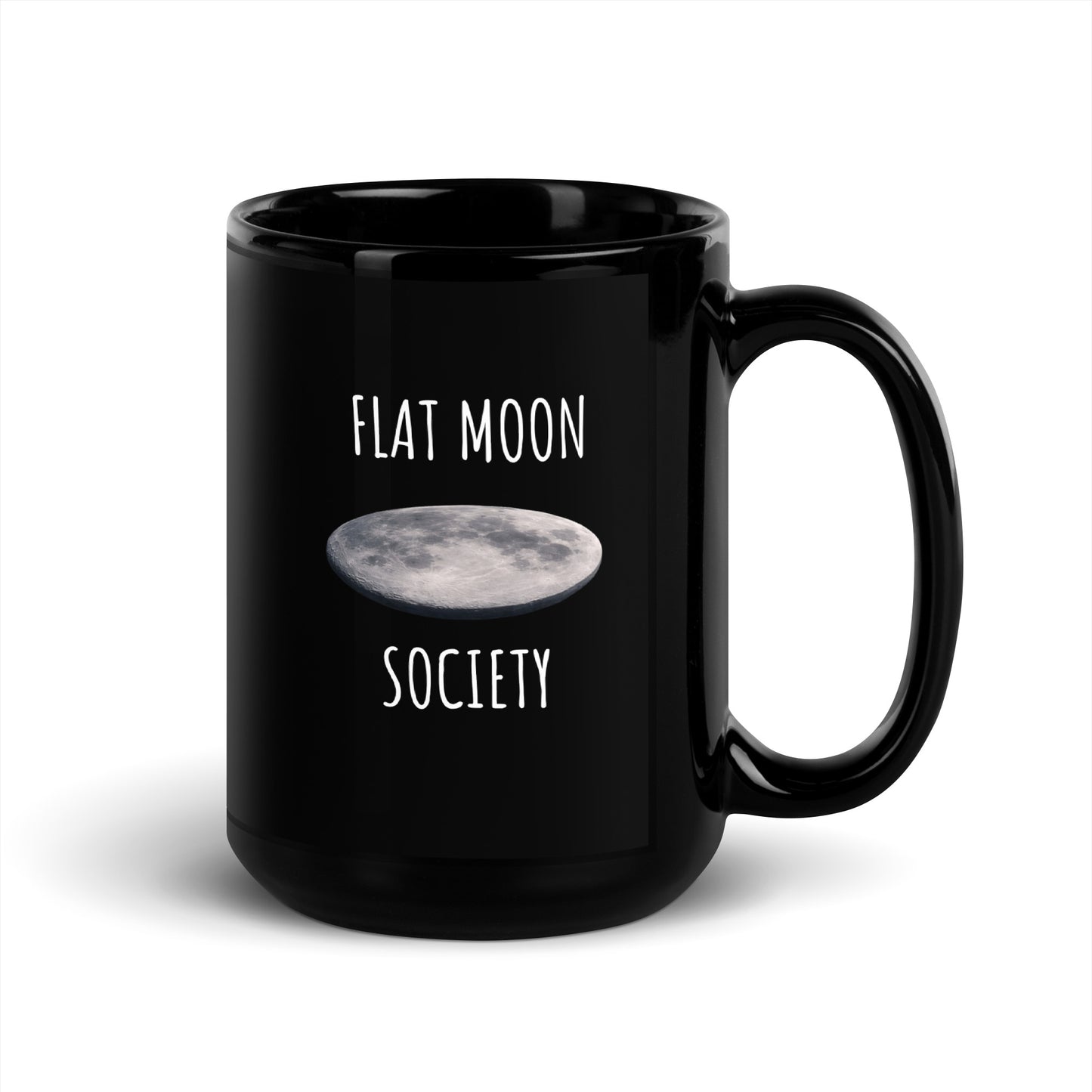 Black glossy Flat Moon Society 15 oz mug with handle on the right, featuring a sleek, shiny finish for coffee or tea.