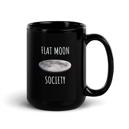 Black glossy Flat Moon Society 15 oz mug with handle on the right, featuring a sleek, shiny finish for coffee or tea.