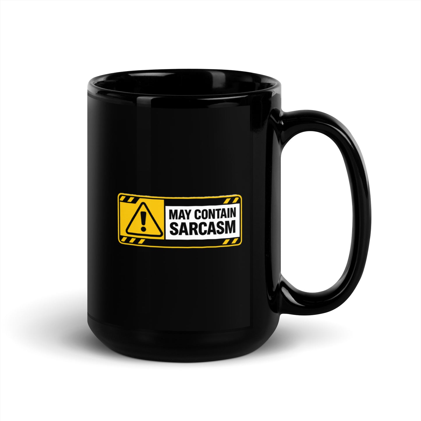 Black glossy 15 oz ceramic mug with handle on the right, featuring the "May Contain Sarcasm" text, by wayward.biz.