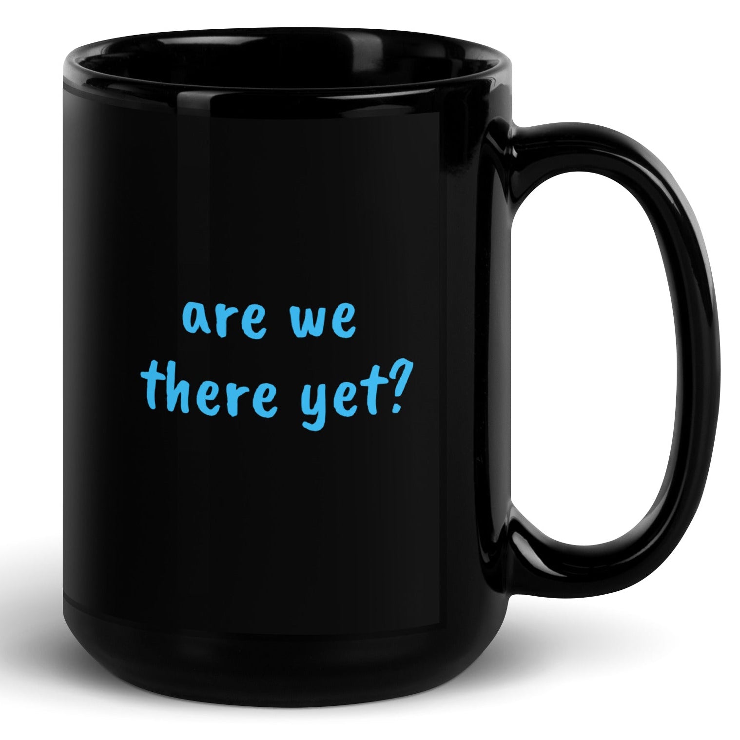 15 oz black glossy ceramic mug with handle on the right, featuring a sleek finish and Wayward.biz branding.