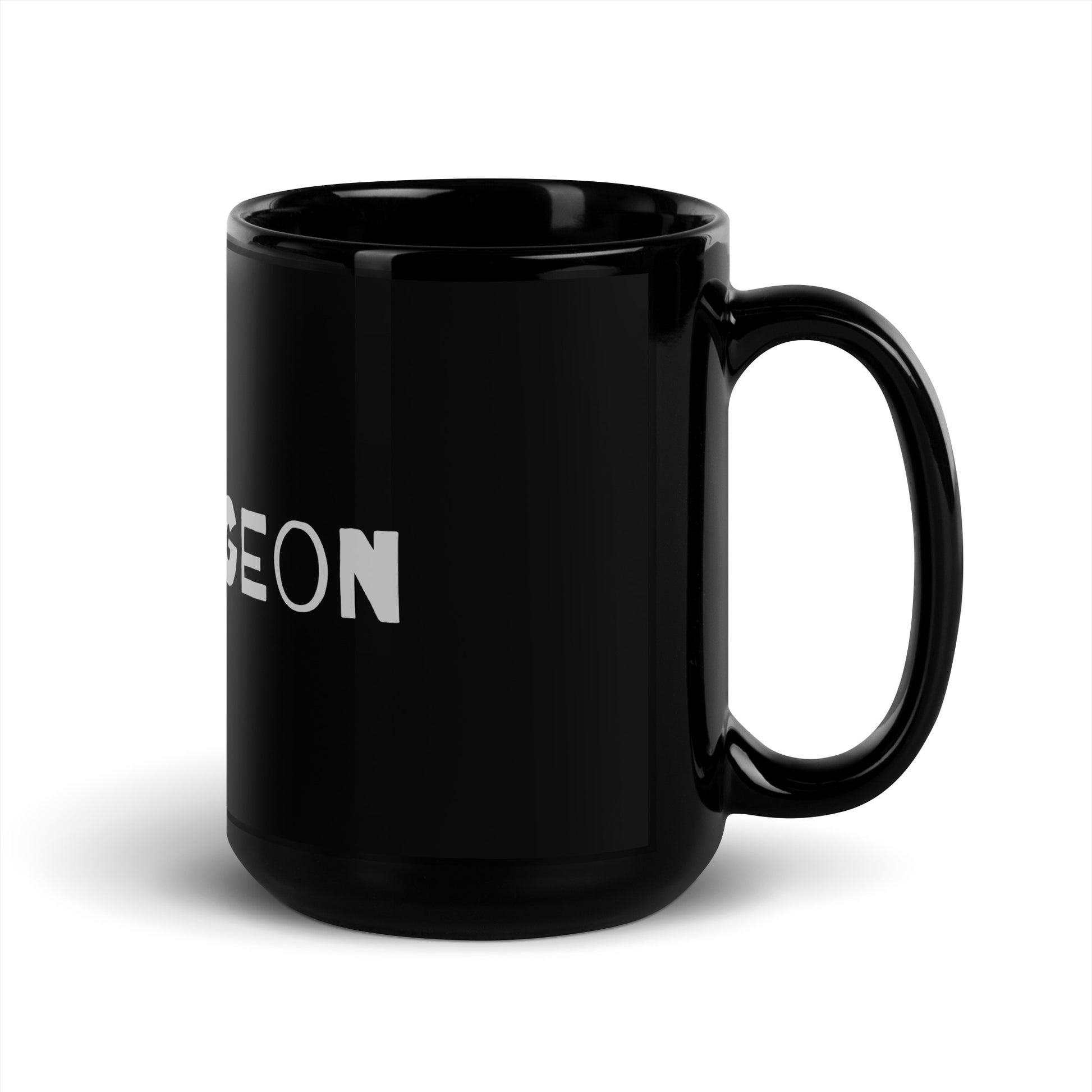 15 oz black glossy ceramic mug with handle on the right, featuring a sleek finish and sturdy design from wayward.biz.
