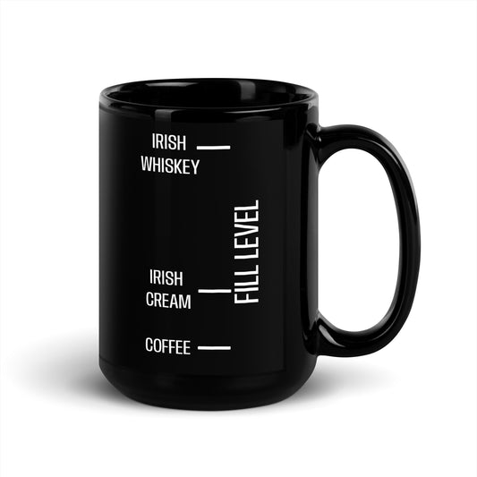 Black glossy 15 oz Irish Coffee mug with handle on the right, perfect for hot beverages, by wayward.biz