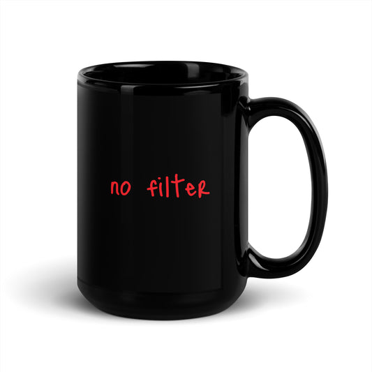 Black glossy 15 oz Wayward.biz mug with a handle on the right side, featuring a sleek and reflective surface.
