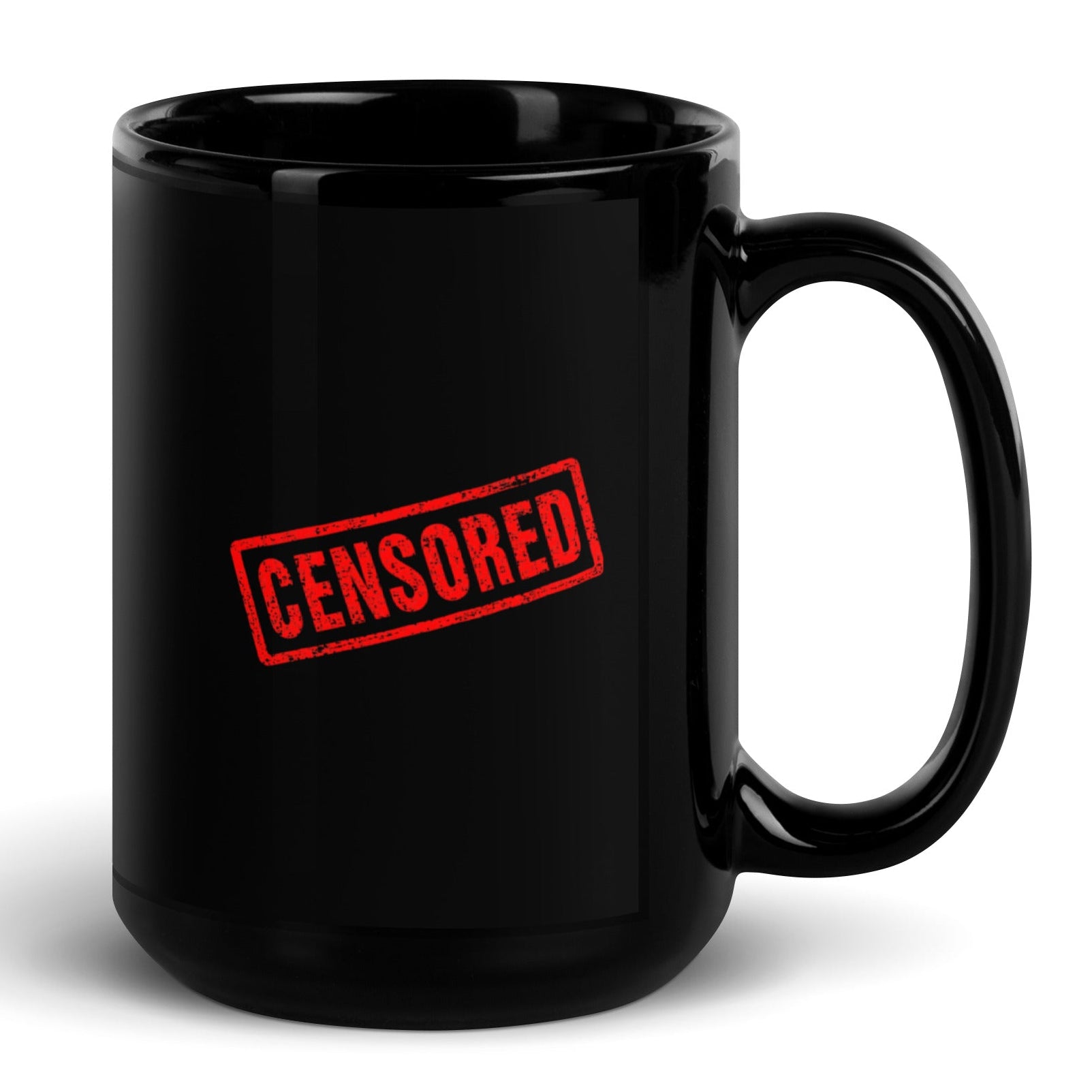 Black glossy 15 oz Wayward.biz mug with handle on the right, showcasing a sleek, reflective surface suitable for hot beverages.