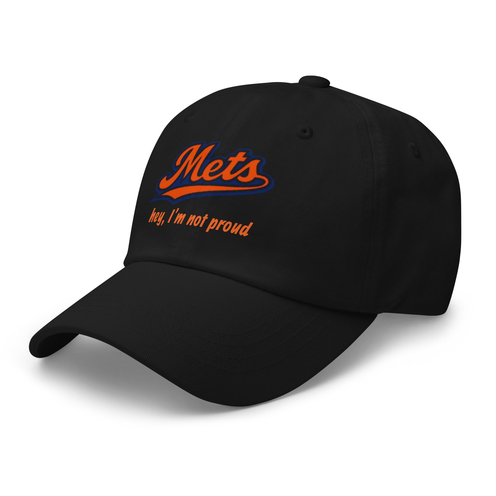 Black dad hat with embroidered pseudo Mets logo on front, casual style, adjustable strap, by wayward.biz.