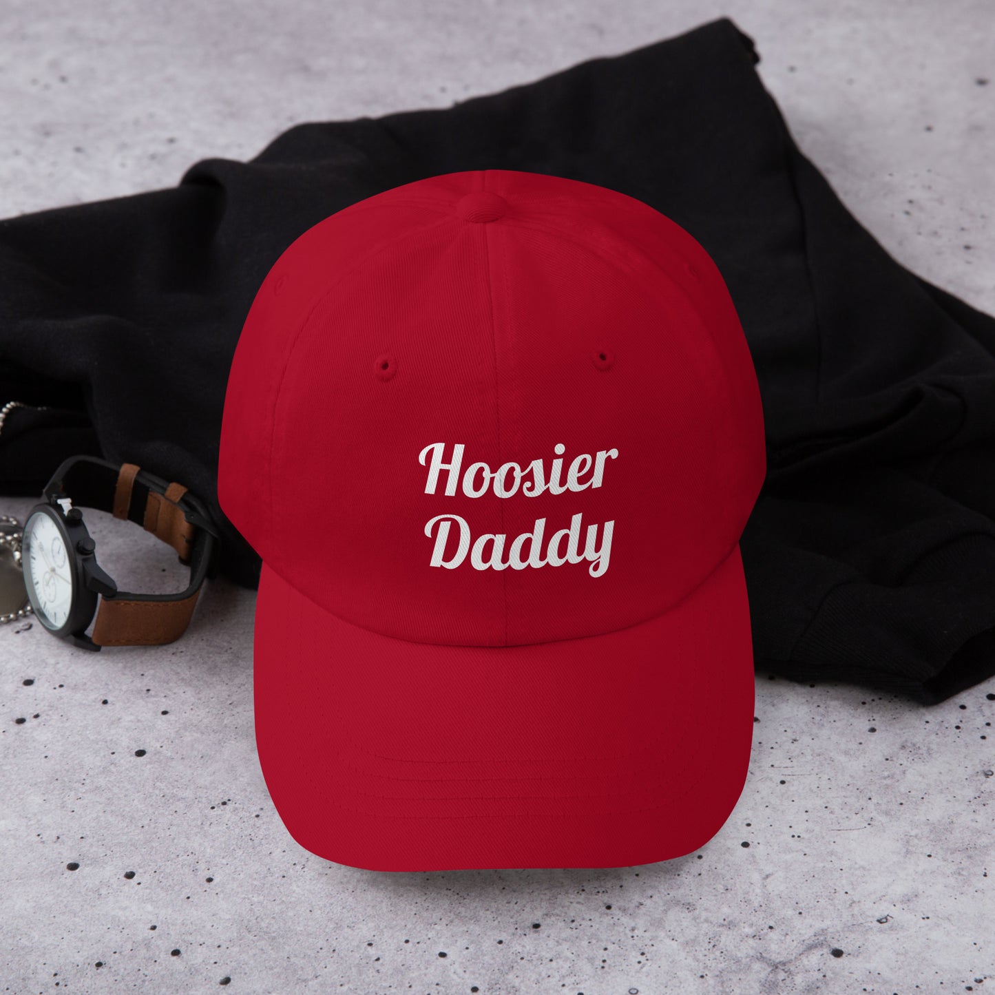 Wayward.biz Hoosier Daddy dad hat in cranberry color, classic baseball cap style with front embroidery.