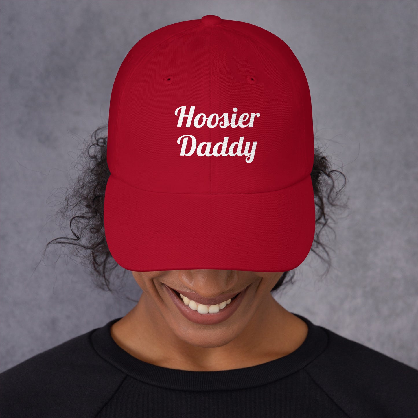 Classic cranberry Hoosier Daddy Dad hat by wayward.biz with a front embroidered design.