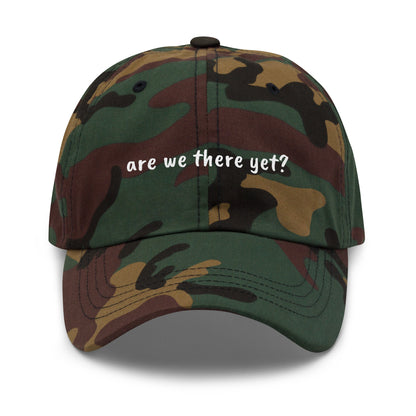 Green camo dad hat with "Are We There Yet" embroidered front, casual style by Wayward.biz.