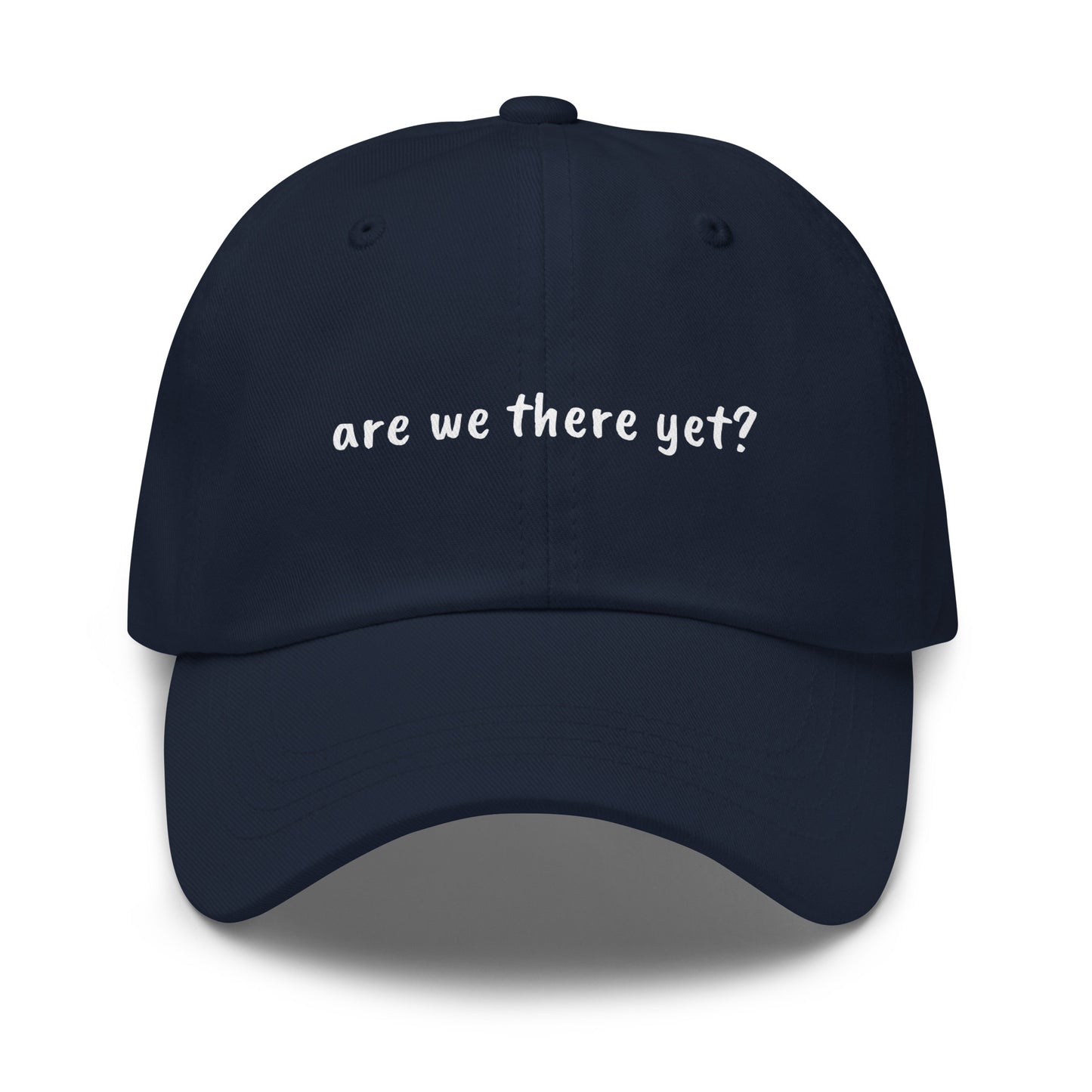 Navy classic dad hat with "Are We There Yet" text, Wayward.biz brand, front view showing adjustable strap and curved brim.