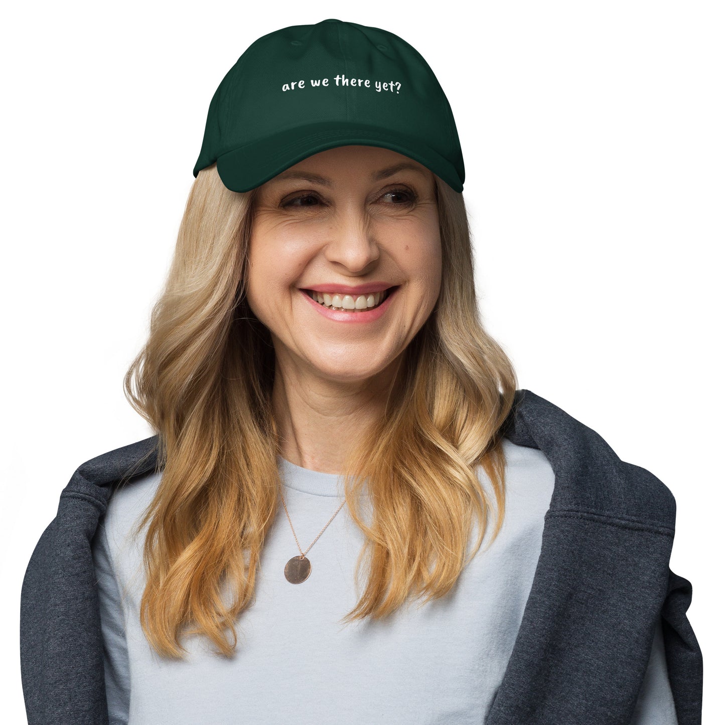 Wayward.biz "Are We There Yet" dad hat featuring a classic design with a front logo on a spruce-colored fabric.