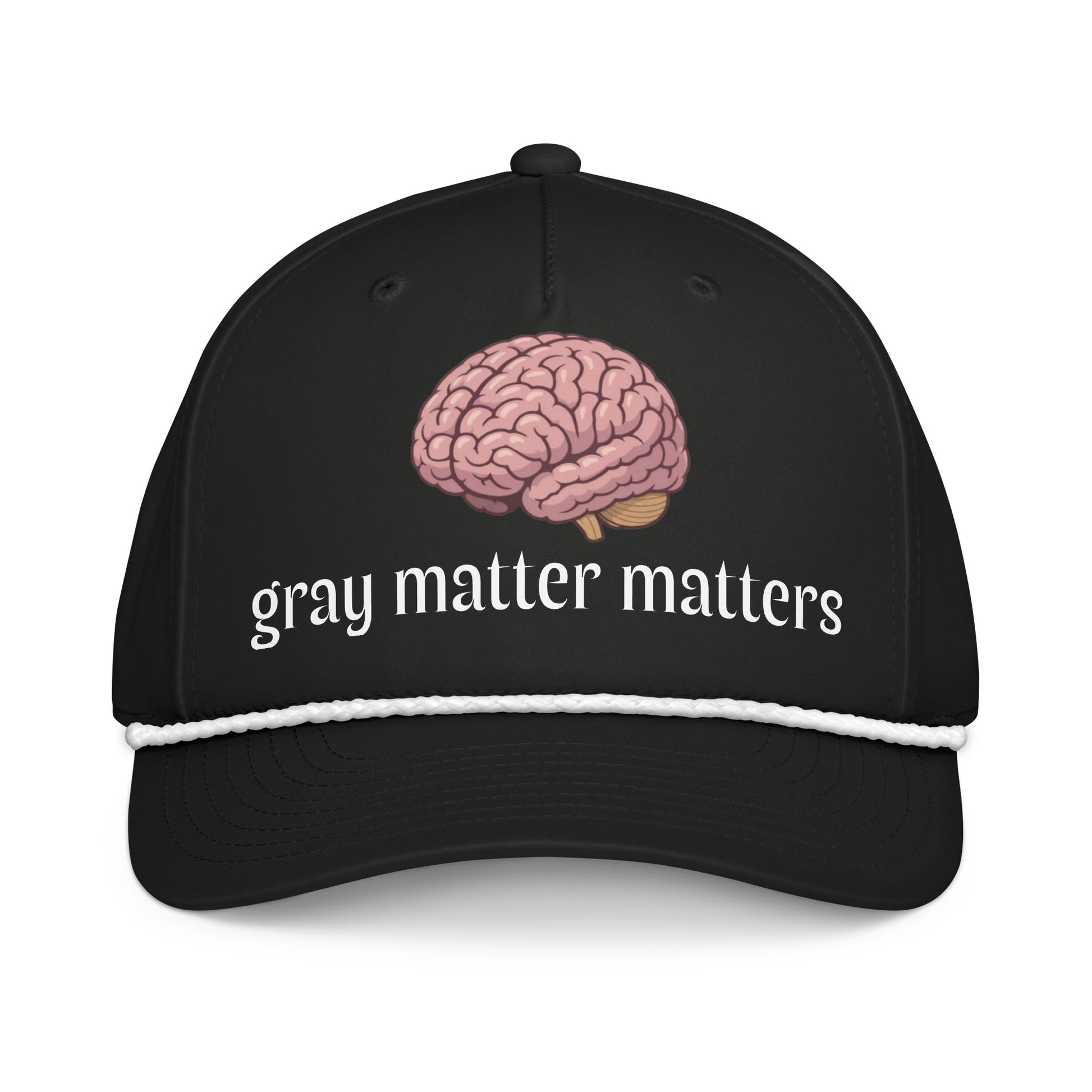 Gray Matter Matters classic rope cap in black and white, showing the front view with a curved brim and rope detail.