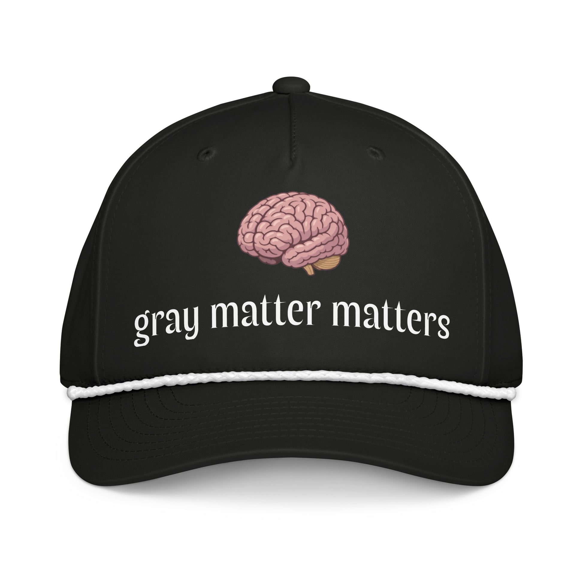 Gray Matter Matters classic rope cap, black and white hat with embroidered logo, adjustable strap, casual headwear by wayward.biz
