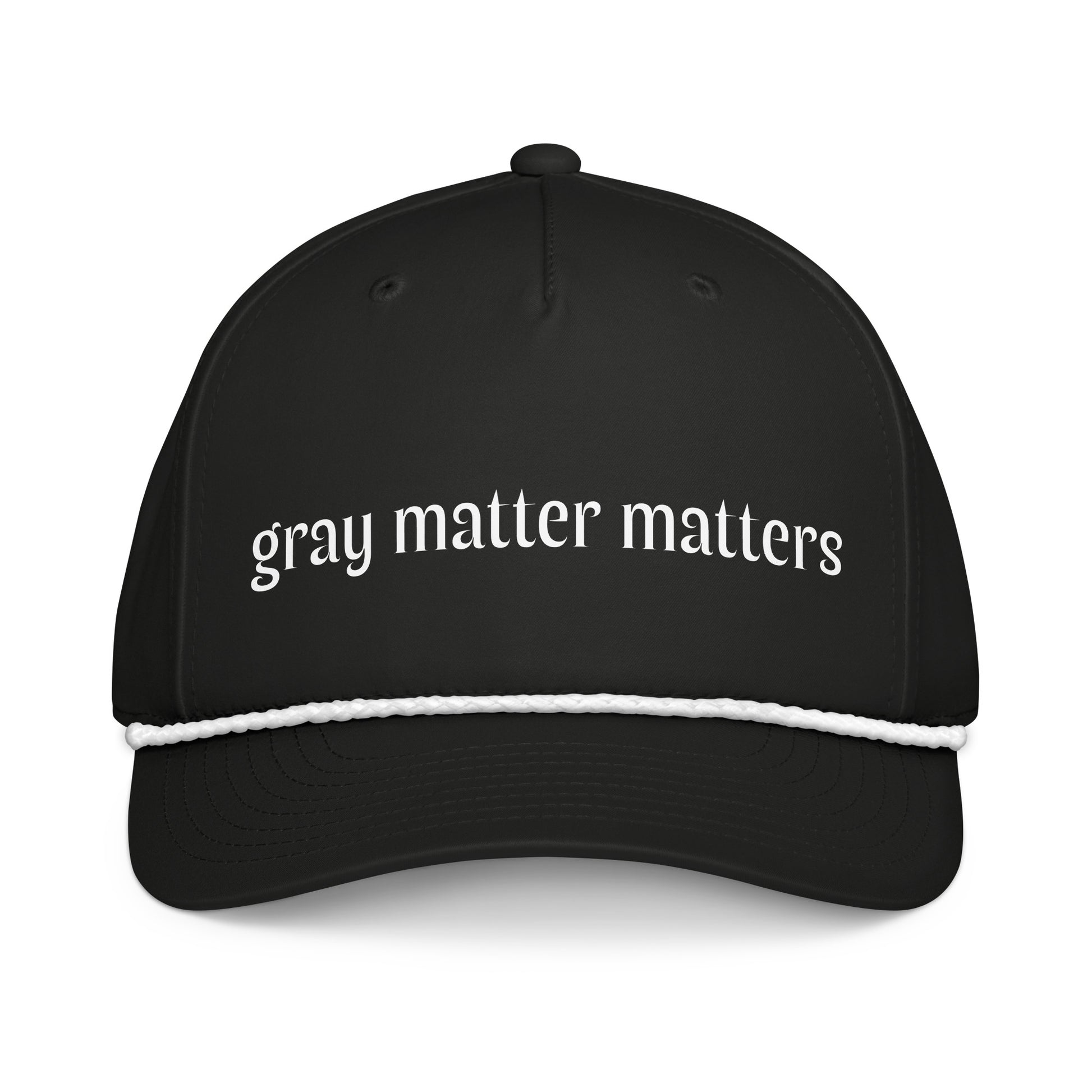 Gray Matter Matters classic rope cap in black and white, featuring a branded front design and adjustable strap.