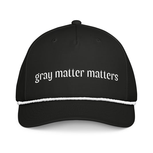 Gray Matter Matters classic rope cap in black and white, featuring a branded front design and adjustable strap.