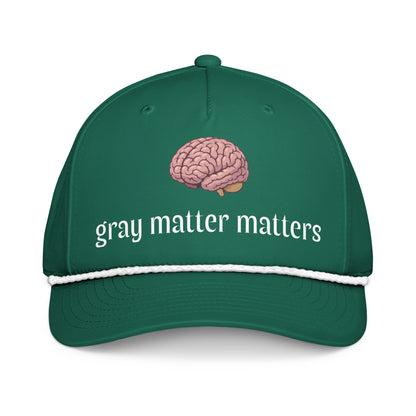 Gray Matter Matters classic rope cap by wayward.biz featuring a white front panel and adjustable rope strap.