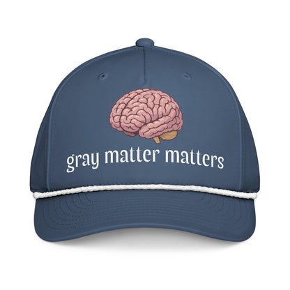 Light blue and white Wayward.biz Gray Matter Matters classic rope cap with front logo, casual hat with rope detail.