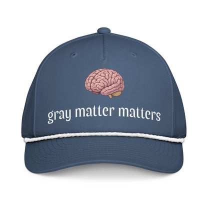 Light blue and white classic rope cap hat by wayward.biz featuring embroidered "Matter Matters" text and adjustable strap.