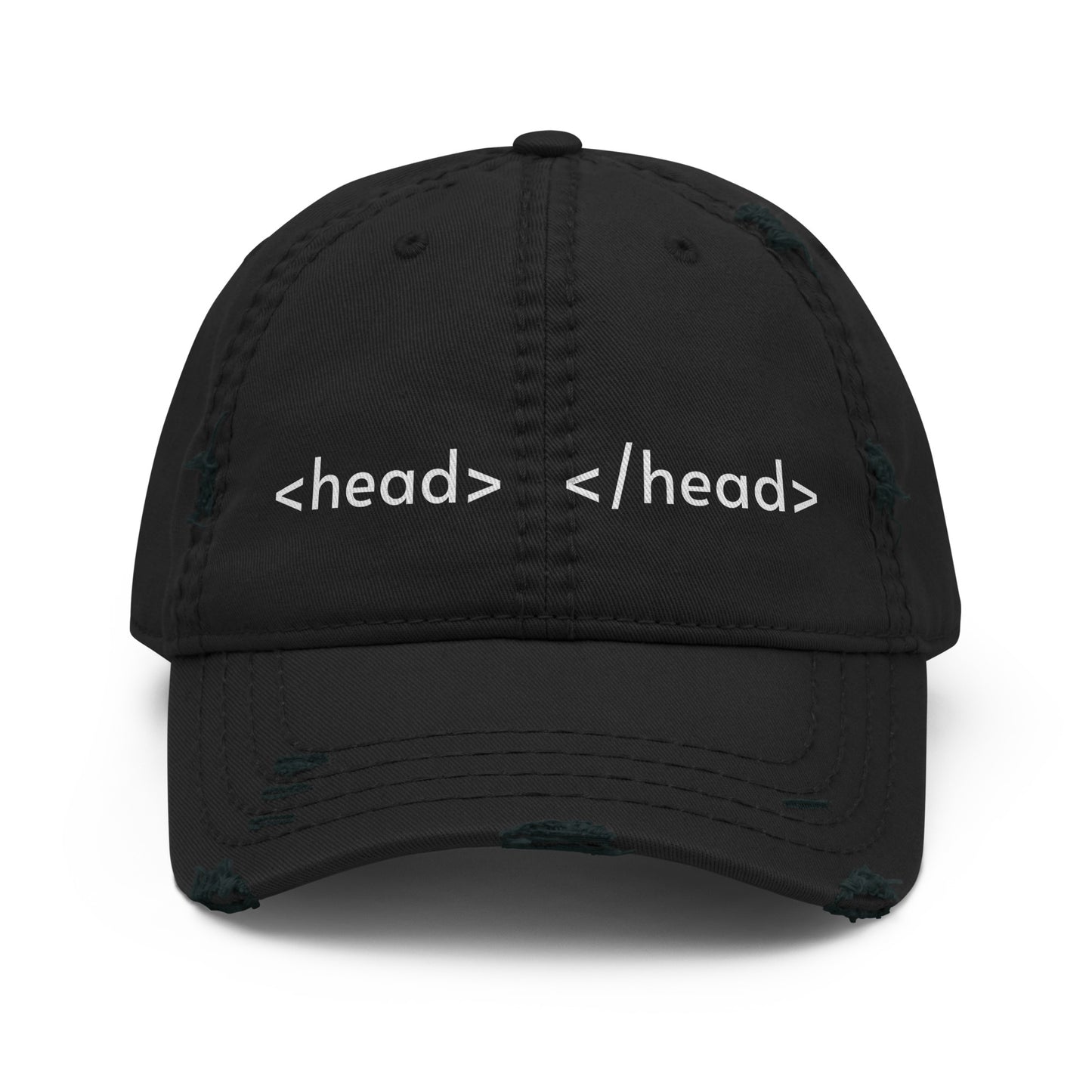 Black distressed dad hat with embroidered design, casual adjustable cap by wayward.biz, front view showing distressed fabric and embroidery.