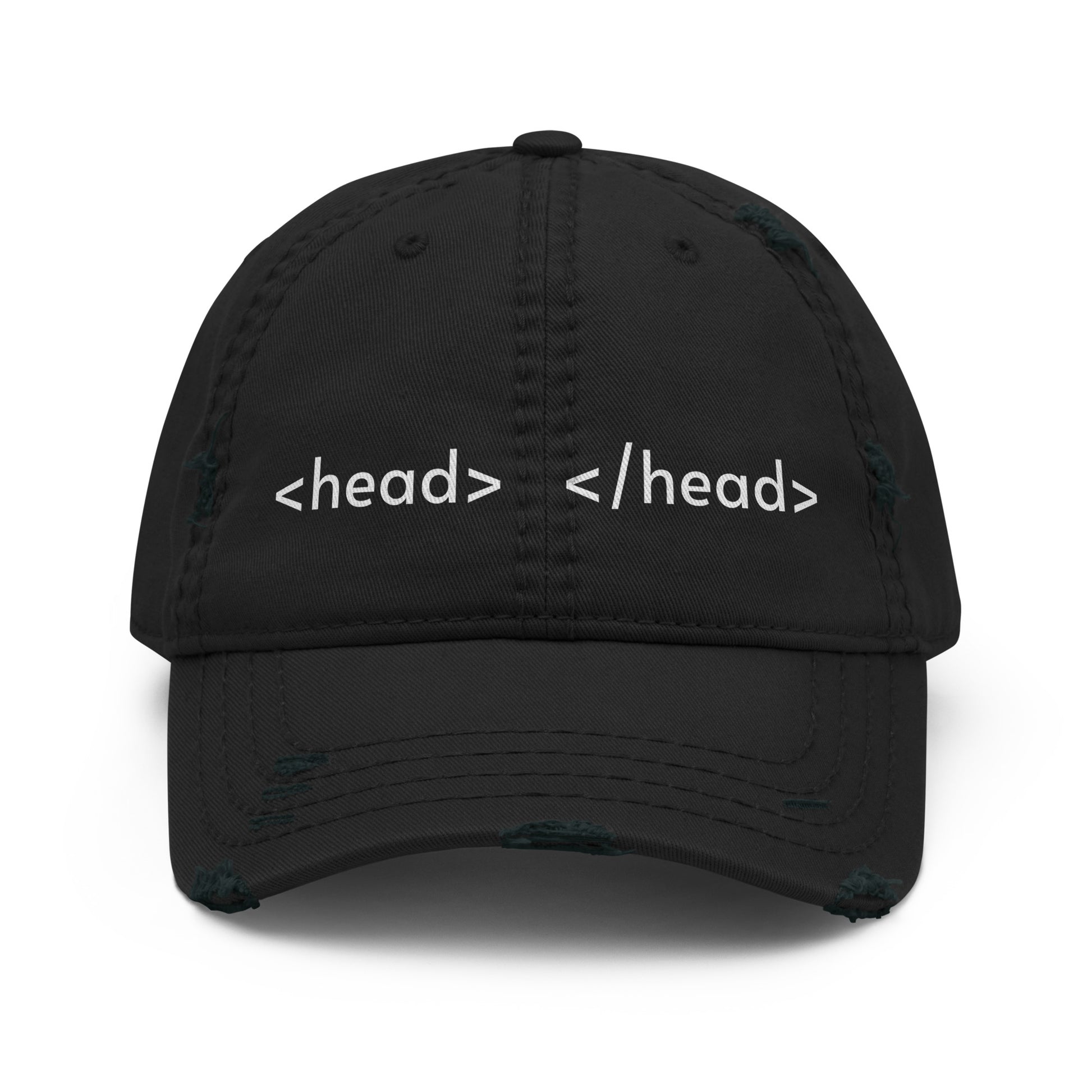 Black distressed dad hat with embroidered design, casual adjustable cap by wayward.biz, front view showing distressed fabric and embroidery.