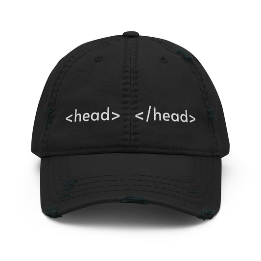 Black distressed dad hat with embroidered design, casual adjustable cap by wayward.biz, front view showing distressed fabric and embroidery.