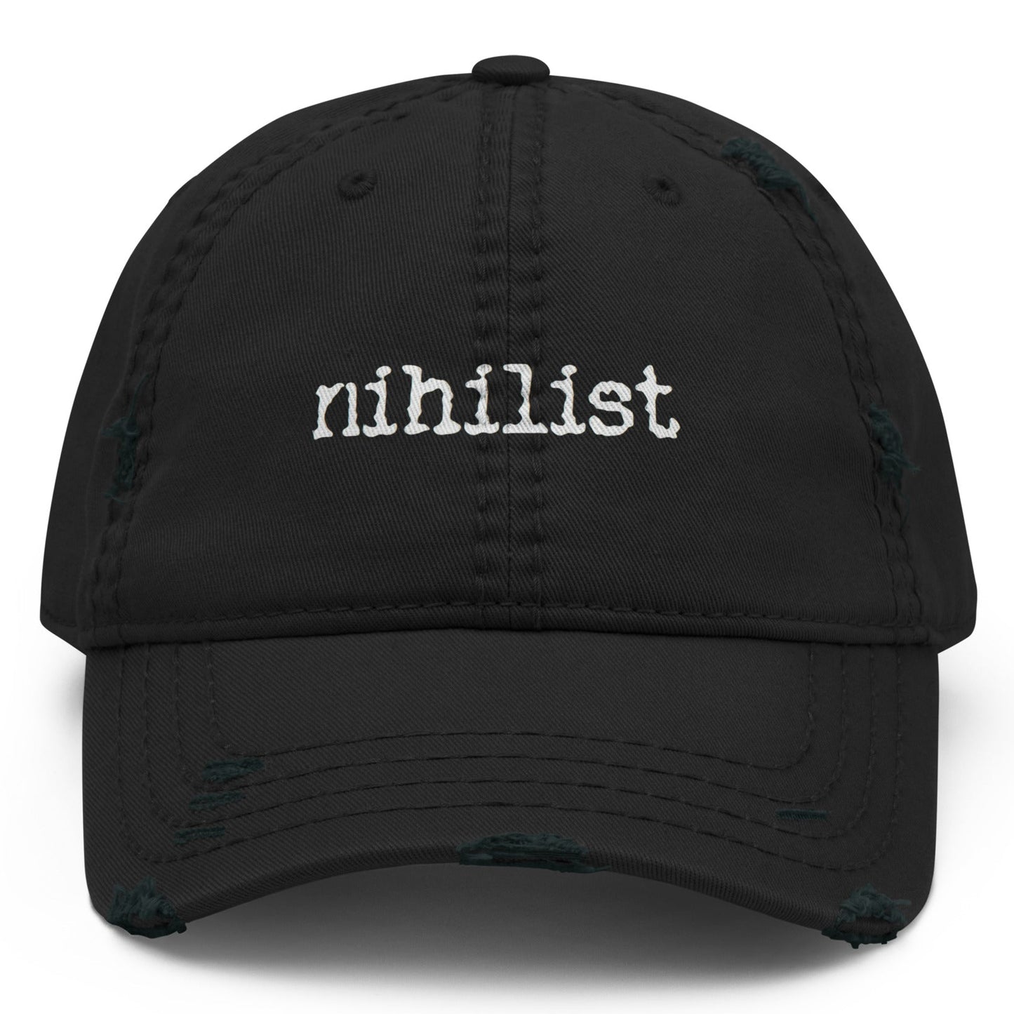 Black nihilist distressed Dad Hat with front logo, casual style, and adjustable strap from wayward.biz.