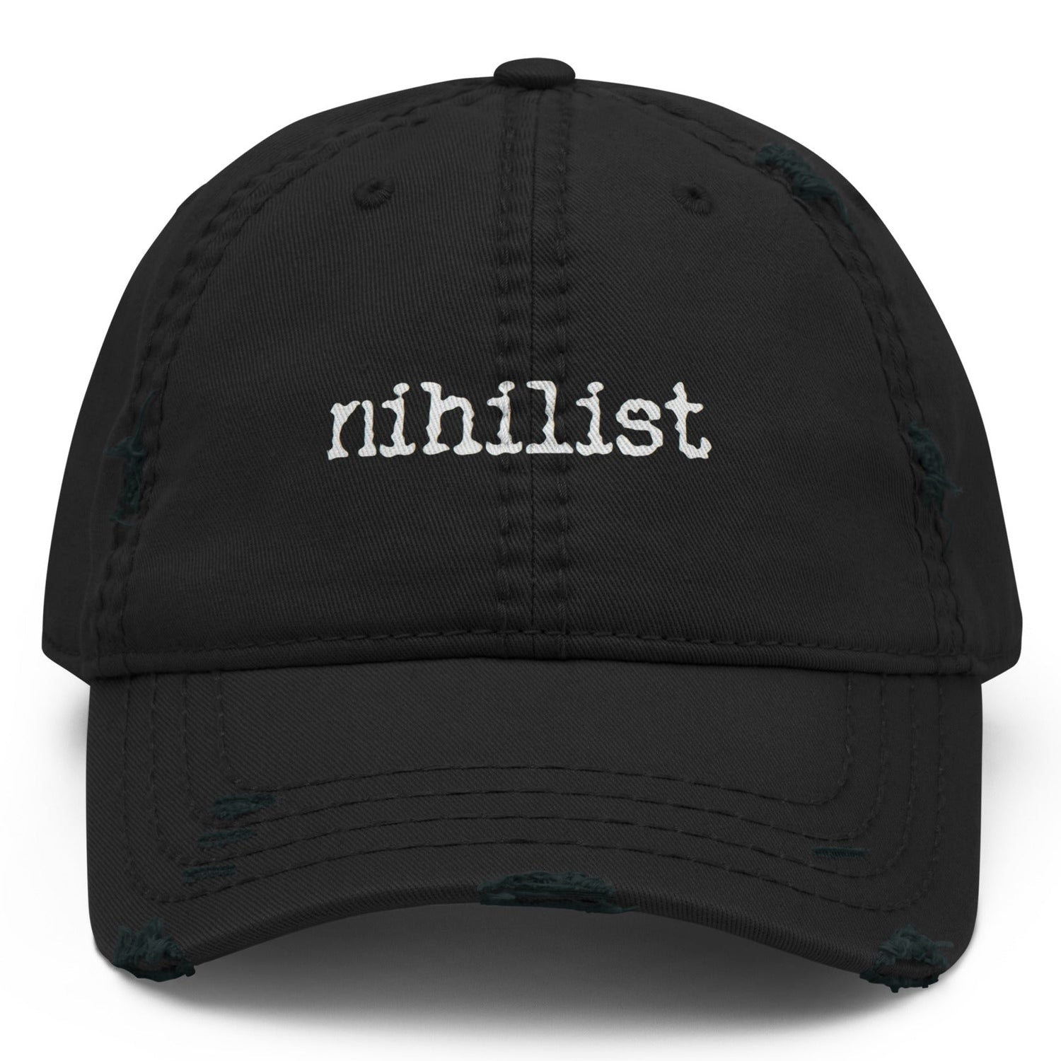 Black nihilist distressed Dad Hat with front logo, casual style, and adjustable strap from wayward.biz.
