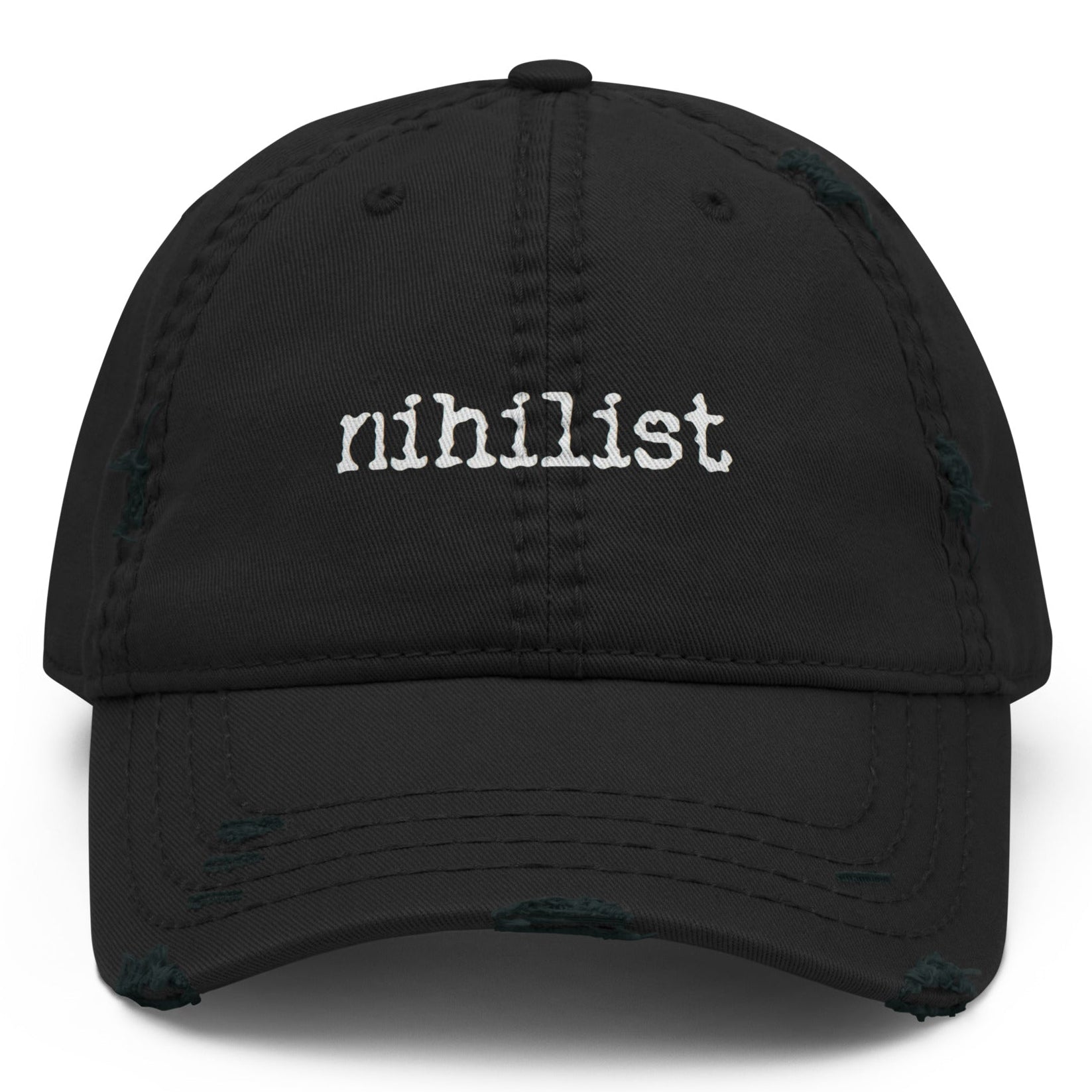 Black nihilist distressed Dad Hat with front logo, casual style, and adjustable strap from wayward.biz.