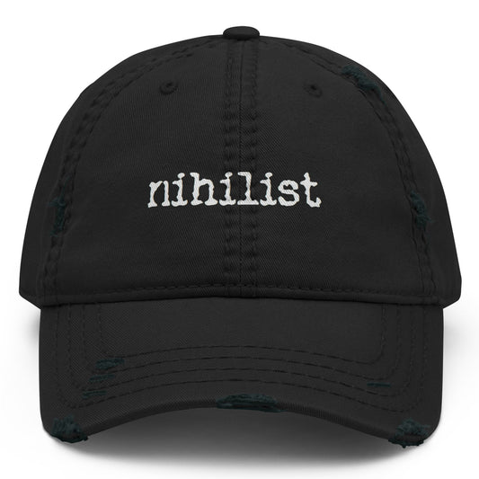 Black nihilist distressed Dad Hat with front logo, casual style, and adjustable strap from wayward.biz.
