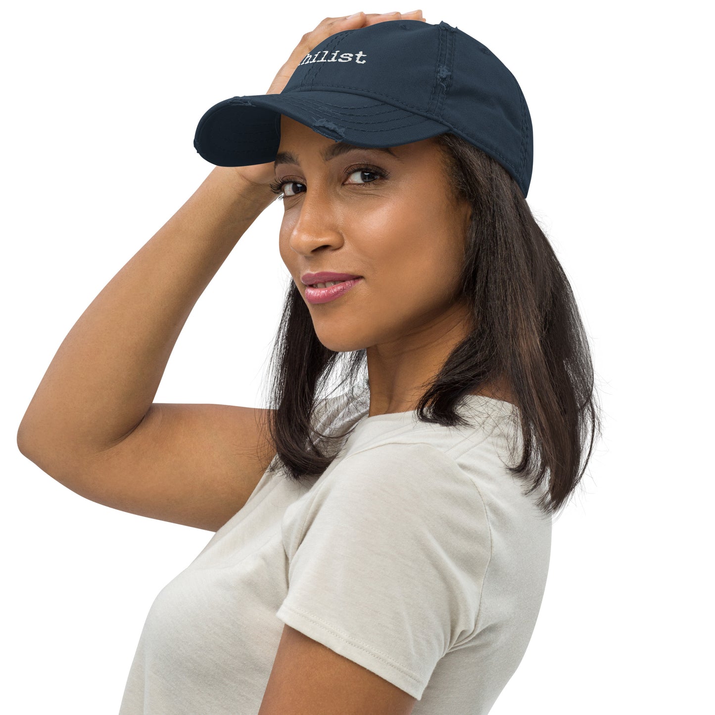 Navy distressed Dad Hat with embroidered logo on front, casual style, by wayward.biz.