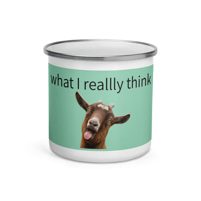White 12 oz enamel mug with "What I really think" text, featuring a classic durable design from wayward.biz.