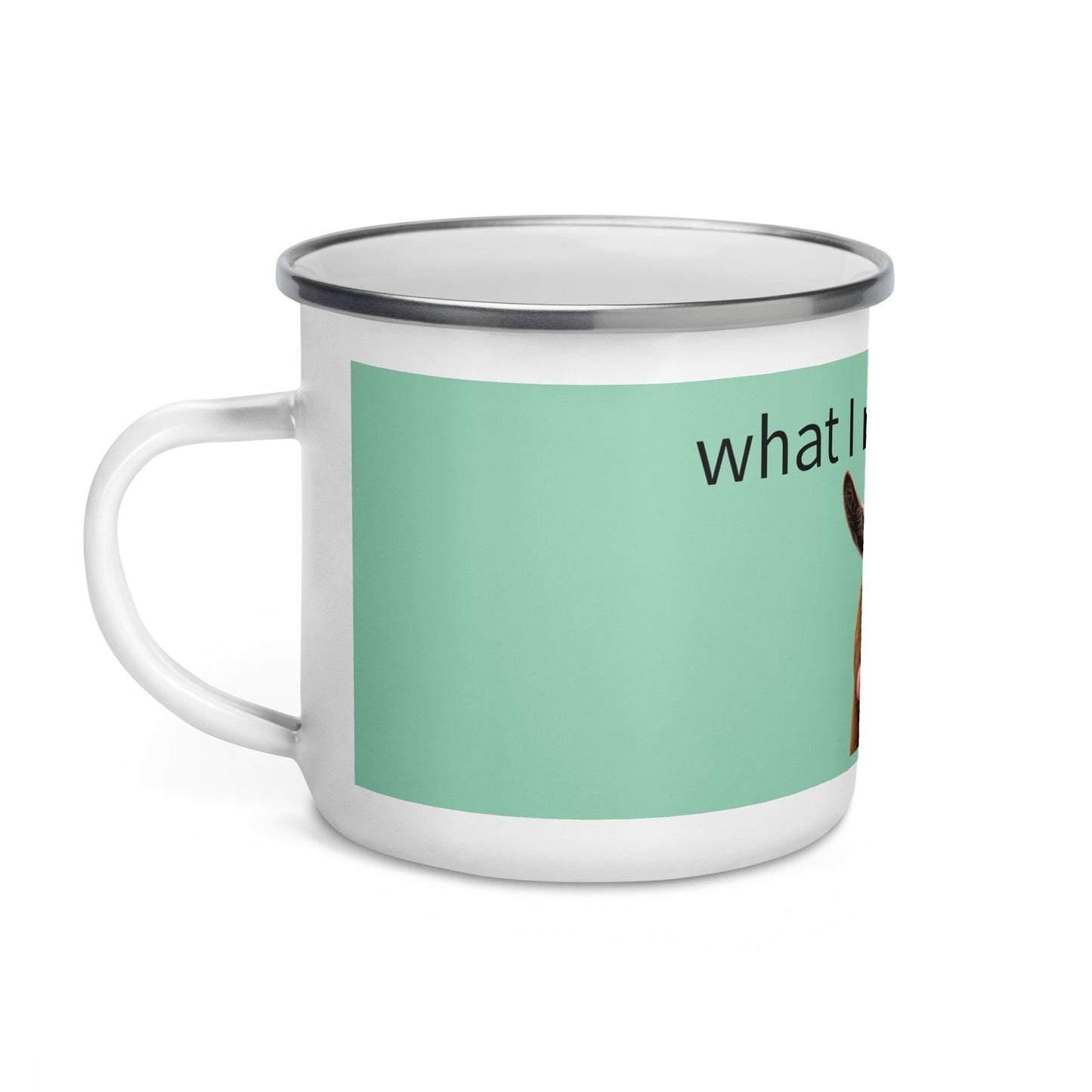 White 12 oz enamel mug with "What I really think" text, featuring a black rim and handle, designed for hot beverages.