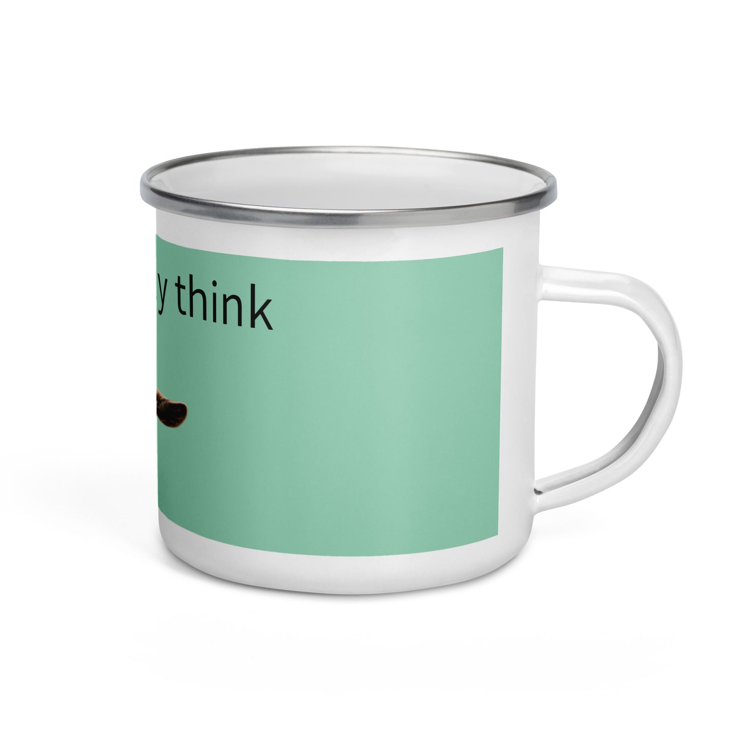 White 12 oz enamel mug with "What I Really Think" printed on the side, durable ceramic mug perfect for hot beverages.
