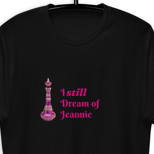 Black men's fitted short sleeve T-shirt featuring a "I Still Dream of Jeannie" graphic from Wayward.biz, front view.