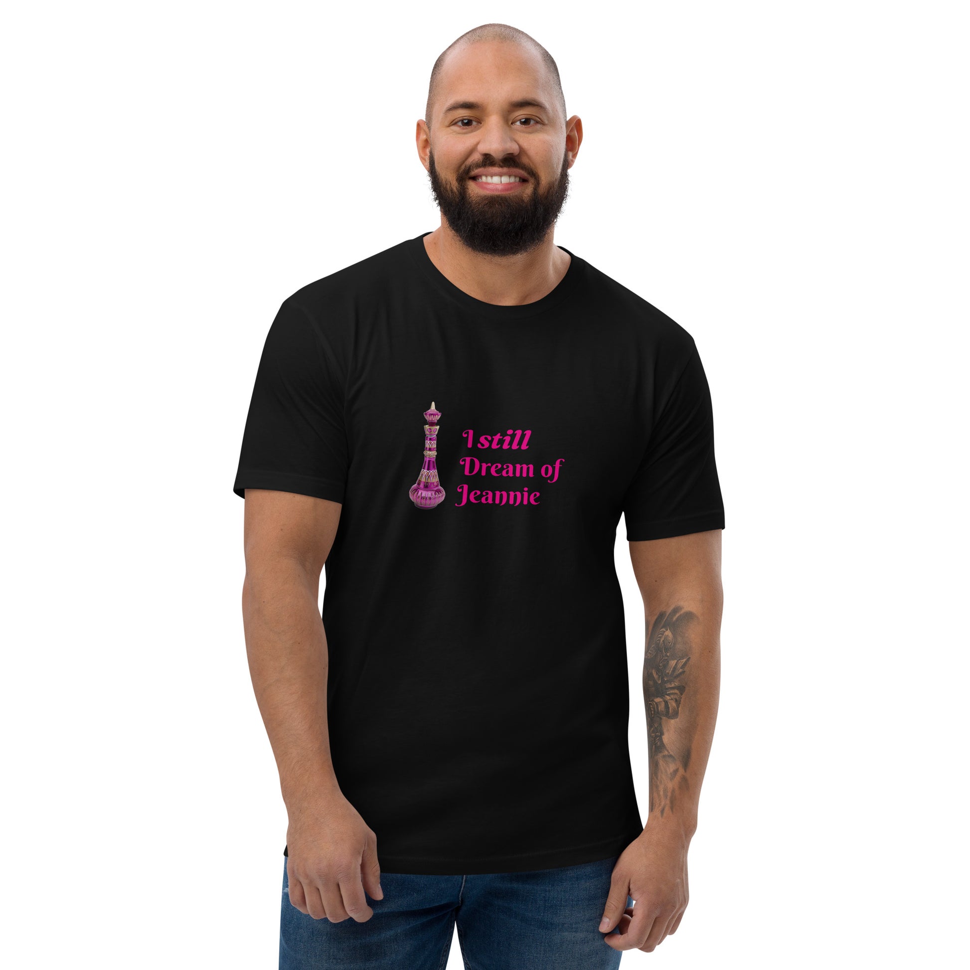 Black men's fitted T-shirt featuring a "I Still Dream of Jeannie" design, casual short sleeve from wayward.biz.