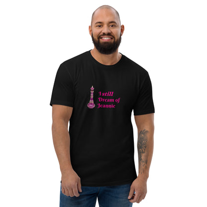 Black men's fitted T-shirt featuring a "I Still Dream of Jeannie" design, casual short sleeve from wayward.biz.