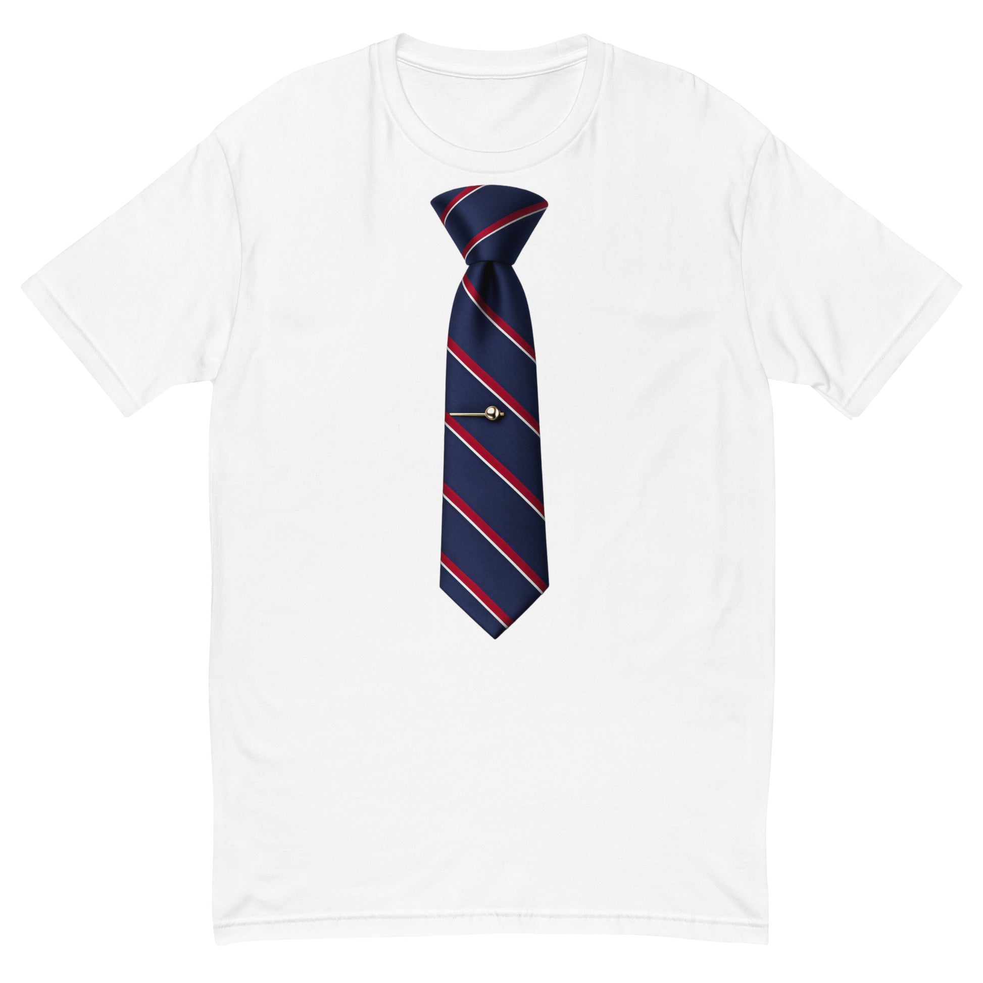 White men's fitted short sleeve T-shirt with interview tie graphic from wayward.biz, front view showing classic style.