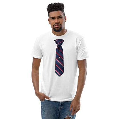 White men's fitted short sleeve T-shirt with "Interview Tie" graphic from wayward.biz, front view showing stylish design.