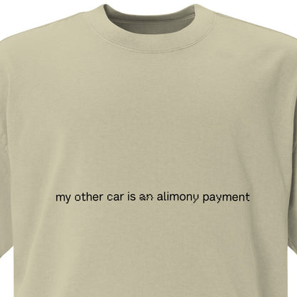 Men's oversized faded eucalyptus T-shirt with "My other car is an alimony payment" graphic, by wayward.biz.