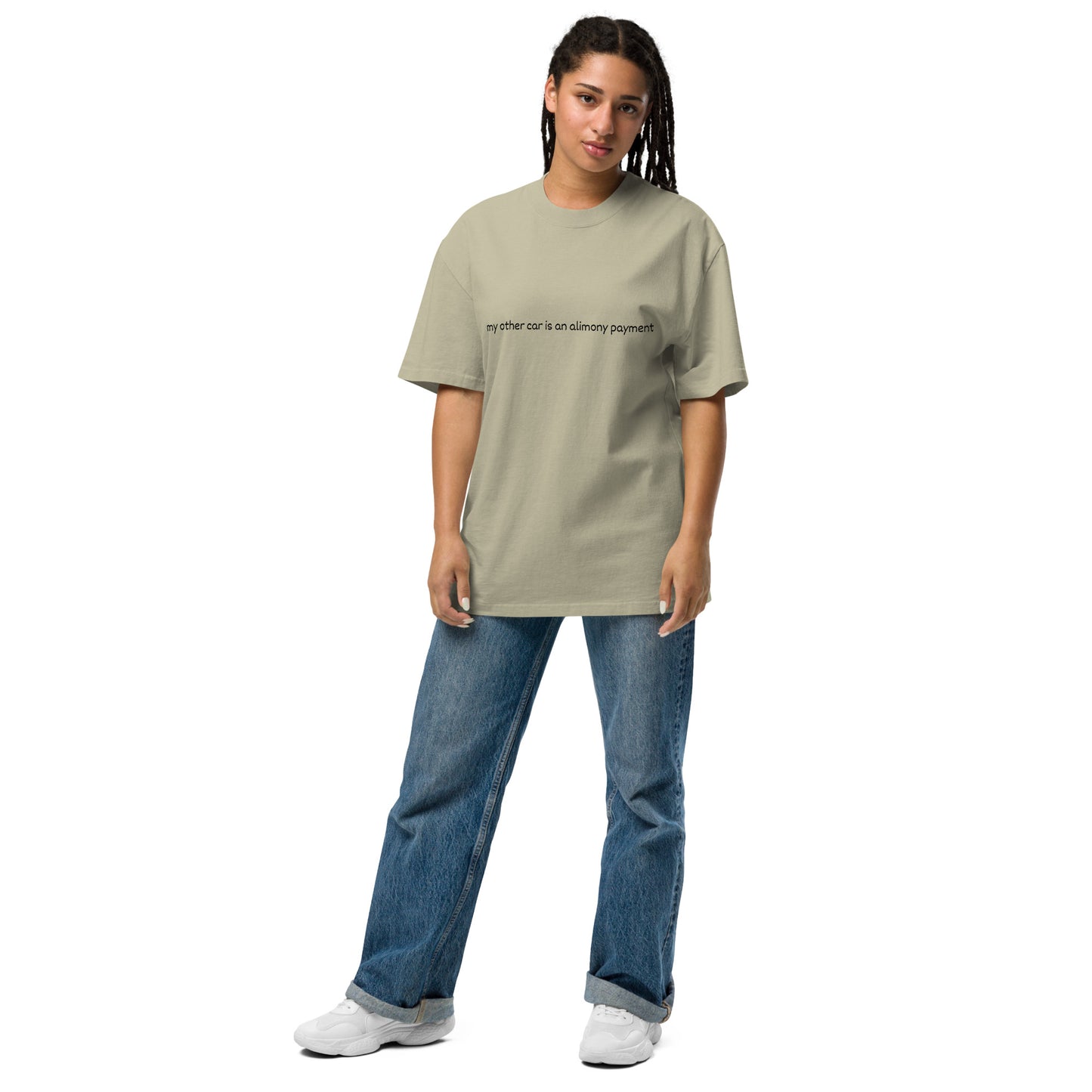 Men's oversized faded eucalyptus T-shirt with humorous "My other car is an alimony payment" graphic by wayward.biz.