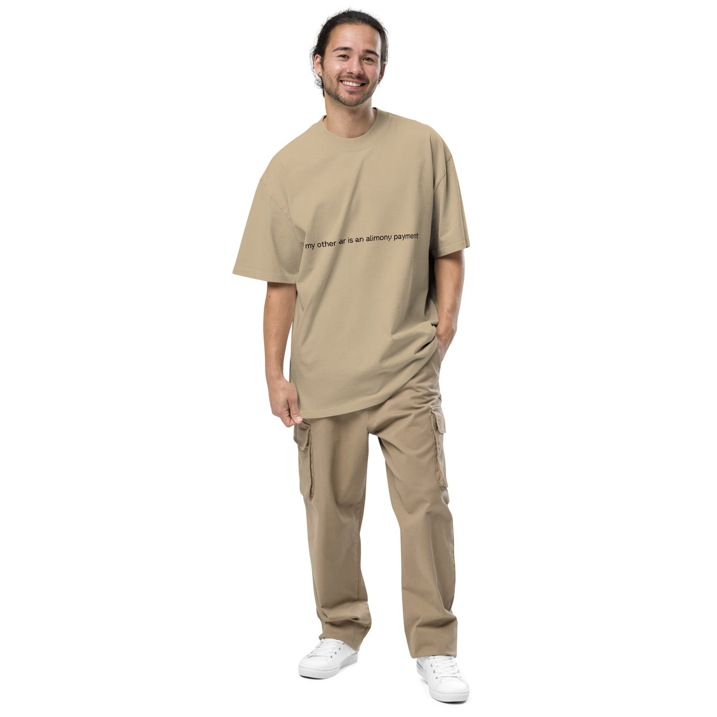 Men's oversized faded khaki T-shirt with "My other car is an alimony payment" graphic, from wayward.biz.