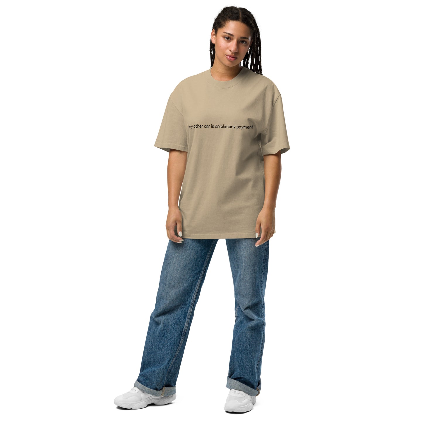 Men's oversized faded khaki T-shirt with "My other car is an alimony payment" print from wayward.biz, front view.