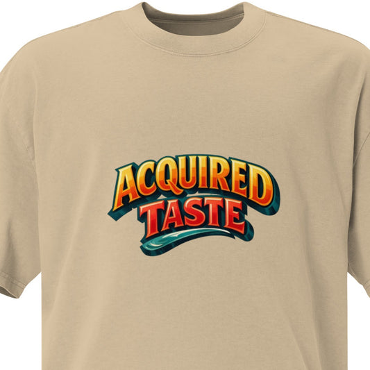 Wayward.biz oversized faded khaki t-shirt for men, casual fit with distressed, vintage-inspired style and front graphic design.