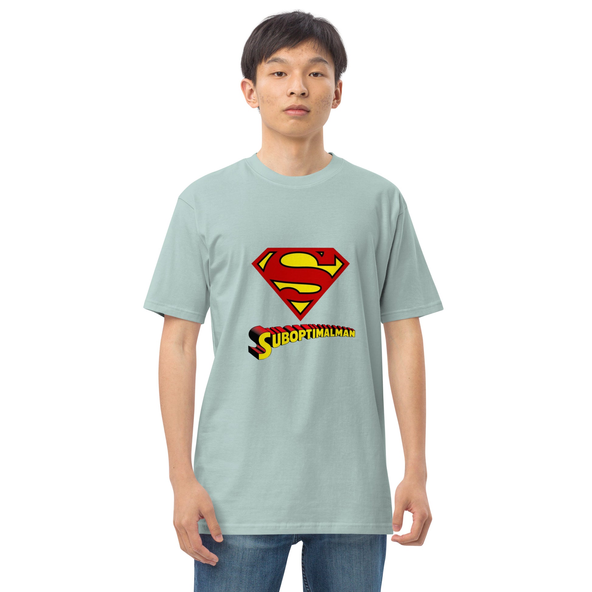Men's premium heavyweight T-shirt in agave color from Suboptimalman by wayward.biz, front view showing soft cotton fabric.