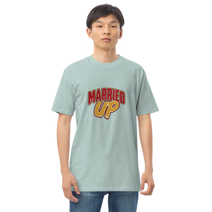 Men's premium heavyweight T-shirt in agave color from Married Up by wayward.biz, front view showing classic fit and fabric texture.