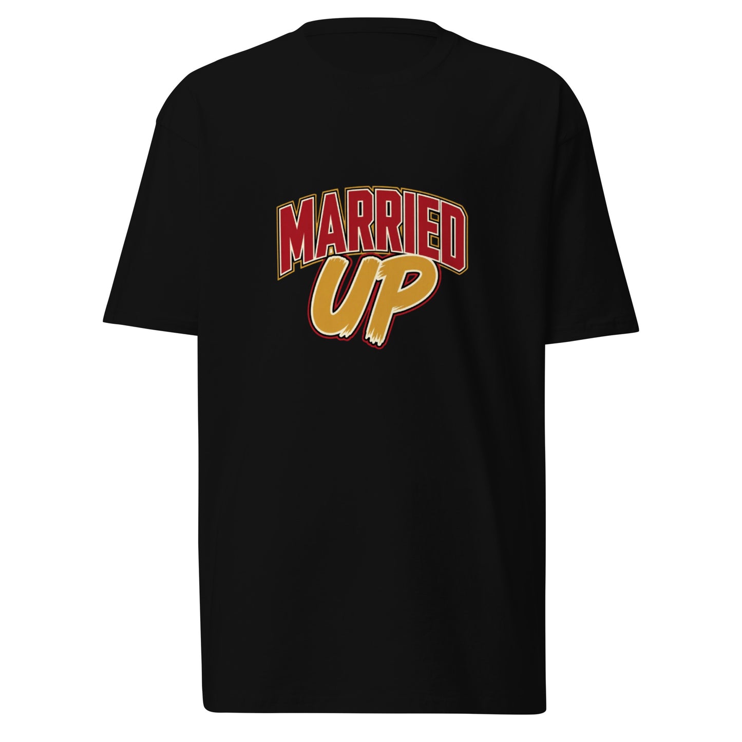 Black Married Up Men’s premium heavyweight T-shirt by wayward.biz, front view showcasing its sturdy fabric and classic fit.