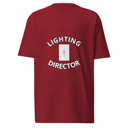 Men’s premium heavyweight brick red T-shirt from Lighting Director by wayward.biz, front view showing fit and fabric texture.